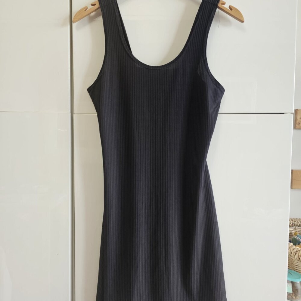 Thin Ribbed Black Mini Simple Dress - Picture 2 of 5